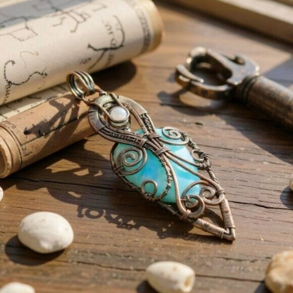 Handcrafted ✦ Larimar Wire Wrapped Pendant ✦ 4.13" Pear-Shaped Ocean Stone NWT - Picture 5 of 9